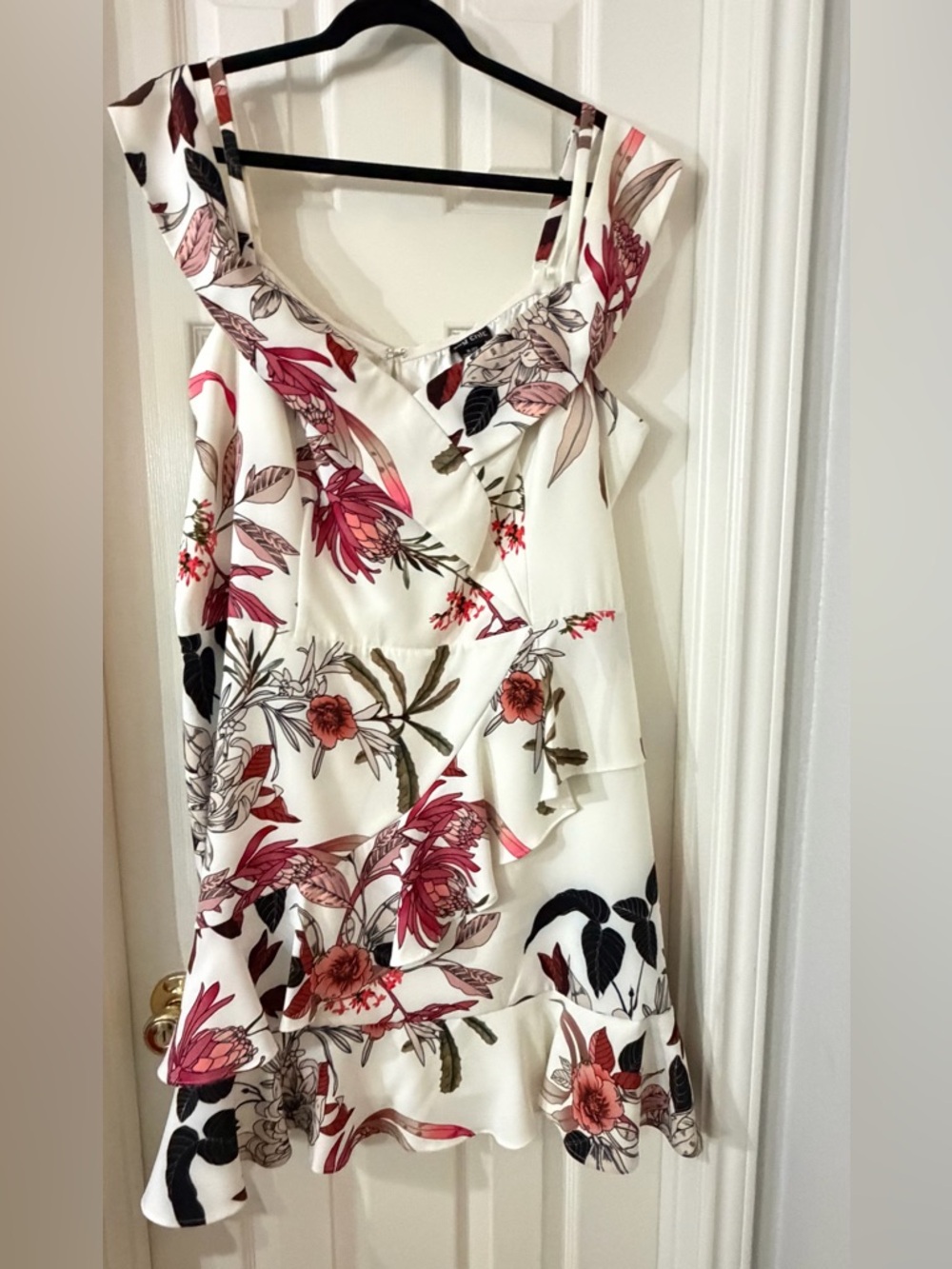 City Chic White Floral Ruffle Wrap Party Dress - Pink, Green & Black Print